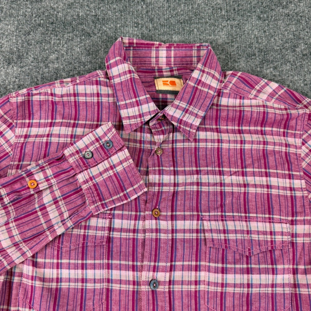 Hugo Boss Orange Men Eddale Button Down Shirt Medium Pink Plaid Linen Blend EUC